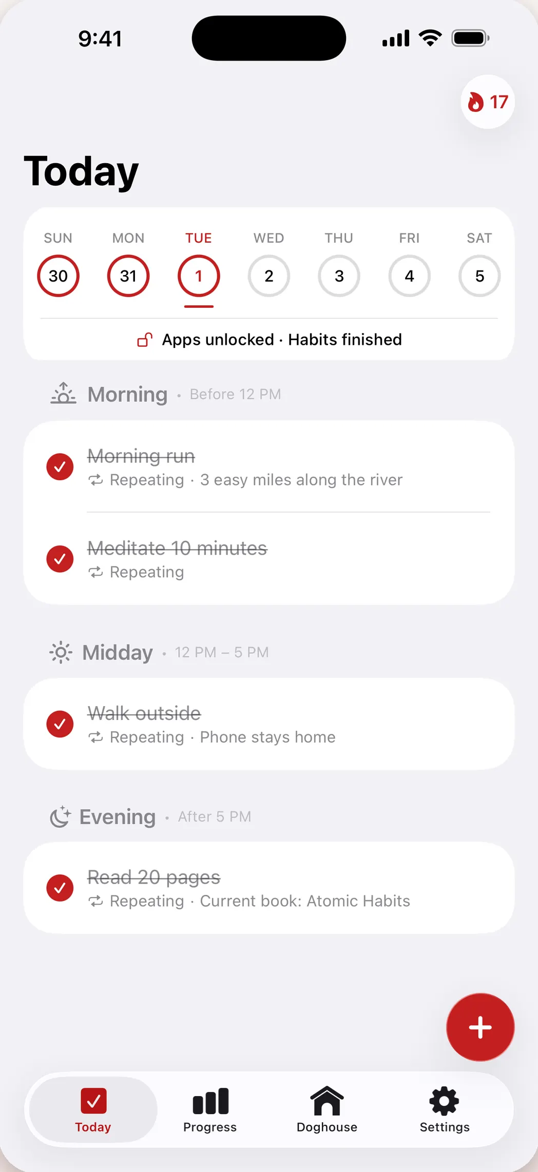 The Habit Hound Today screen with every habit checked off and a status row reading Apps unlocked, Habits finished.