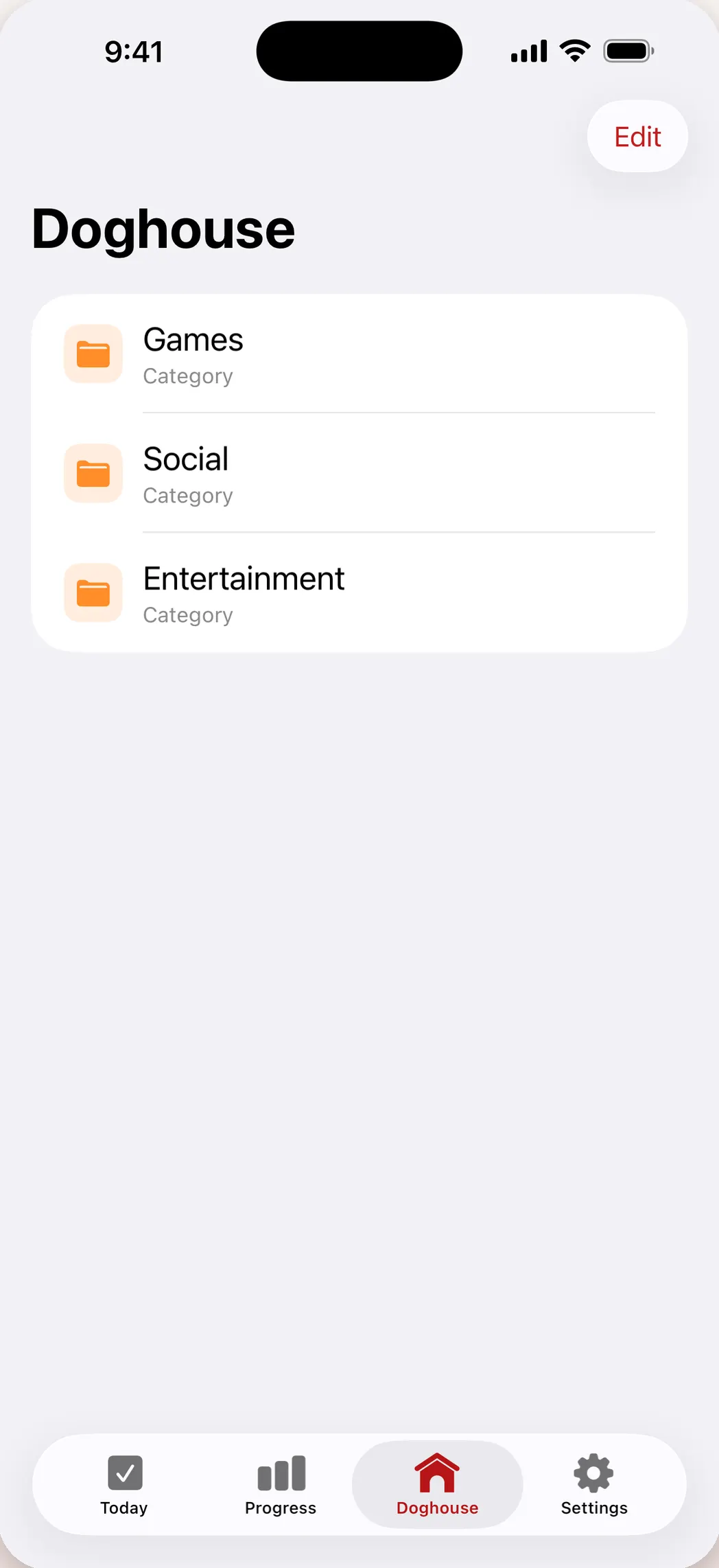 The Habit Hound Doghouse screen listing Games, Social and Entertainment, each labeled Category, with folder icons instead of app names.